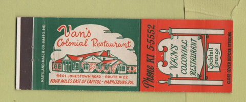 Matchbook Cover - Vans Colonial Restaurant Harrisburg PA