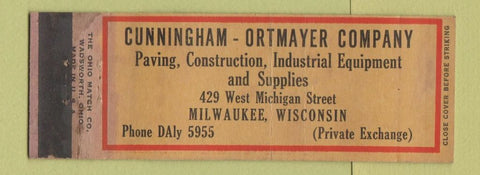 Matchbook Cover - Cunningham Ortmayer Paving Milwaukee WI WORN Full Length