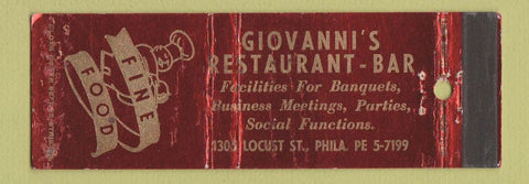 Matchbook Cover - Giovanni's Restaurant Bar Philadelphia PA WEAR