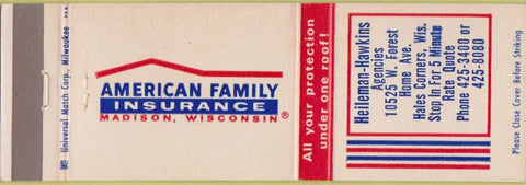 Matchbook Cover - American Family Insurance Hates Corners WI
