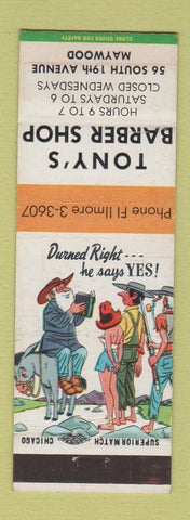 Matchbook Cover - Tony's Barber Shop Maywood IL hillbilly
