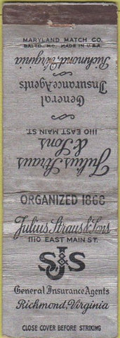 Matchbook Cover - SJS Insurance Richmond VA POOR