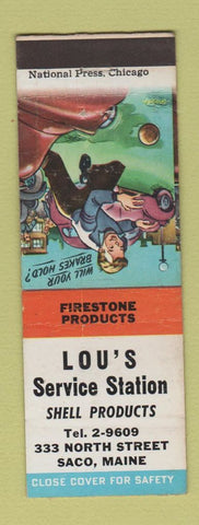 Matchbook Cover - Lou's Shell oil gas Saco ME Firestone Tires traffic safety