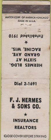 Matchbook Cover - JR Hermaes Sons Insurance Realty Racine WI WORN