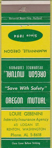 Matchbook Cover - Oregon Mutual Insurance Renton WA Louie Gebenini