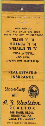 Matchbook Cover - RG Woolston Realtor Reading PA insurance