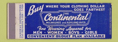 Matchbook Cover - Continental Clothes Chicago IL Full Length