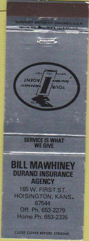 Matchbook Cover - Bill Mawhiney Durand Insurance Hoisington KS