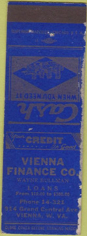 Matchbook Cover - Vienna Finance CO loans Vienna WV WORN SAMPLE