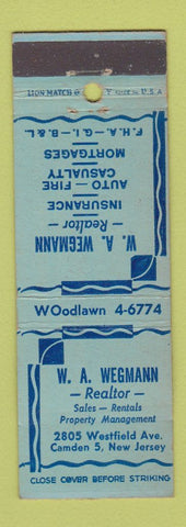 Matchbook Cover - WA Wegmann Real Estate Camden NJ insurance