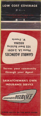 Matchbook Cover - Government Insurance Gamble Agencies Regina SK WEAR