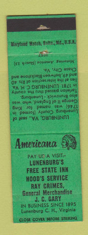 Matchbook Cover - Free State Inn Lunenburg Court House VA Perkins Americana WORN