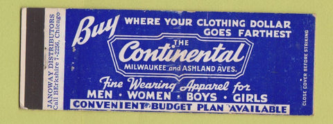 Matchbook Cover - Continental Clothes clothing Chicago IL Full Length