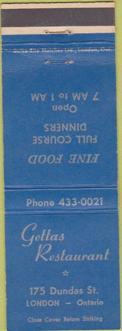 Matchbook Cover - Gettas Restaurant London ON WEAR
