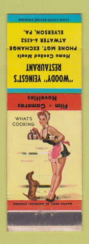 Matchbook Cover - Woody Yeingst's Restaurant Elverson PA pinup What's Cooking