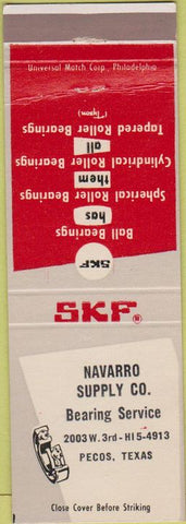 Matchbook Cover - SKF Ball Bearings Navarro Supply Pecos TX WEAR
