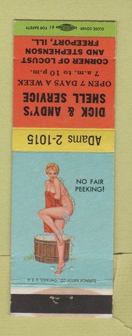 Matchbook Cover - Dick & Andy's Shell oil gas Freeport IL pinup No Fair Peeking