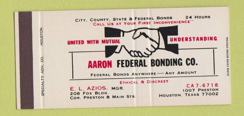 Matchbook Cover - Aaron Federal Bonding Houston TX SAMPLE 30 Strike