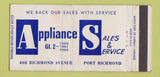Matchbook Cover - Appliances Sales Service Port Richmond Philadelphia? 30 Strike