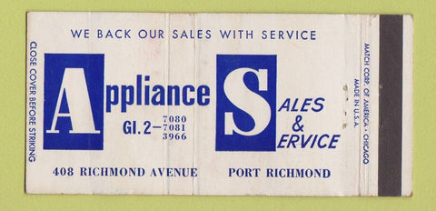 Matchbook Cover - Appliances Sales Service Port Richmond Philadelphia? 30 Strike