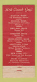 Matchbook Cover - Red Coach Grill Middleboro Wayland Boston MA 30 Stick