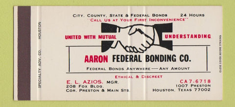 Matchbook Cover - Aaron Federal Bonding Houston TX SAMPLE 30 Strike