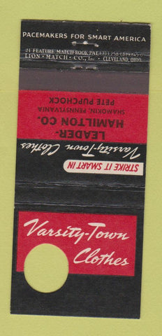 Matchbook Cover - Varsity Town Clothes Shamokin PA Leader 21 Strike Feature
