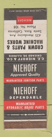 Matchbook Cover - Niehoff Crown Parts Santa Rosa CA ignition WEAR