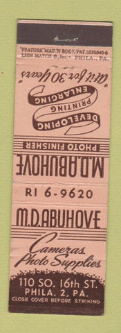 Matchbook Cover - MD Abuhove Cameras Photo Supply Philadelphia PA feature