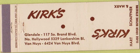 Matchbook Cover - Kirk's Glendale Van Nuys CA men's clothes