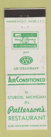 Matchbook Cover - Patterson's Restaurant Sturgis MI