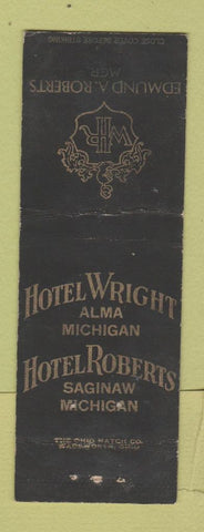 Matchbook Cover - Hotel Wright Roberts Alma Saginaw MI WORN
