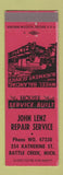 Matchbook Cover - John Lenz Auto Repair Battle Creek MI