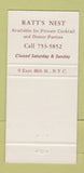 Matchbook Cover - Rattazzi New York City Ratt's Nest 30 Strike