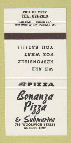 Matchbook Cover - Bonanza Pizza Guelph ON 30 Strike