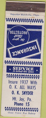 Matchbook Cover - OK Snyder Insurance Mount Joy PA