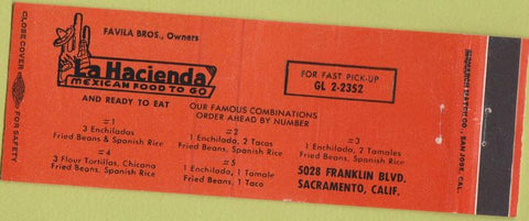 Matchbook Cover - La Hacienda Mexican Food Sacramento CA