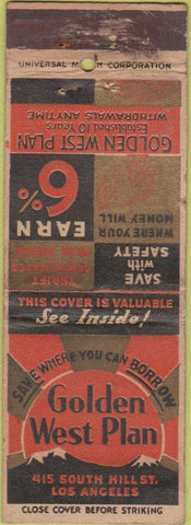 Matchbook Cover - Golden West Plan Los Angeles CA WEAR
