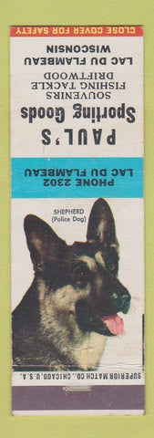 Matchbook Cover - Paul's Sporting Goods Lac Du Flambeau WI German Shepherd