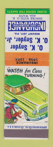 Matchbook Cover - OK Snyder Insurance Mount Joys PA traffic safety turning cars