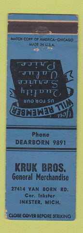 Matchbook Cover - Kruk Bbros General Store Inkster MI
