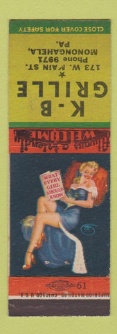 Matchbook Cover - KB Grille Monongahela PA pinup
