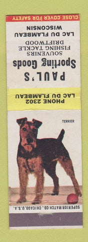 Matchbook Cover - Paul's Sporting Goods Lac Du Flambeau WI Terrier