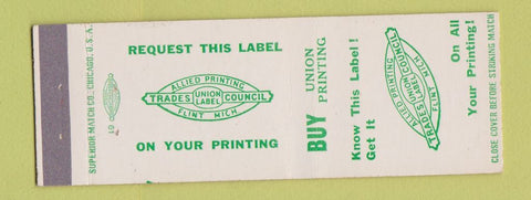 Matchbook Cover - Allied Printing Union Label Flint MI