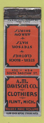 Matchbook Cover - AM Davison Men's Clothes Flint MI Stetson Hats WEAR