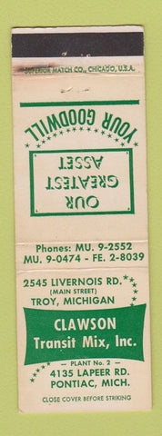 Matchbook Cover - Clawson Transit Mix Pontiac Troy MI WEAR