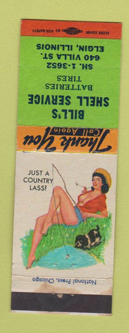 Matchbook Cover - Bill's Shell oil gas Elgin IL pinup Country Lass