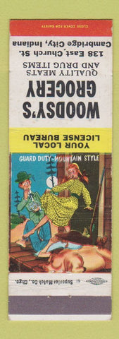 Matchbook Cover - Woodsy's Grocery Cambridge City IN hillbilly Guard Pig