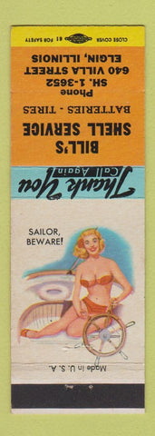 Matchbook Cover - Bill's Shell oil gas Elgin IL Sailor Beware