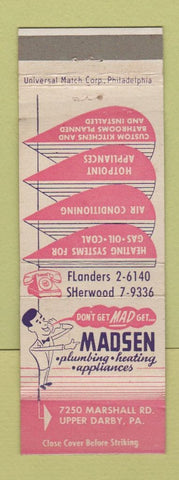Matchbook Cover - Madsen Plumbing Heating Appliances Upper Darby PA